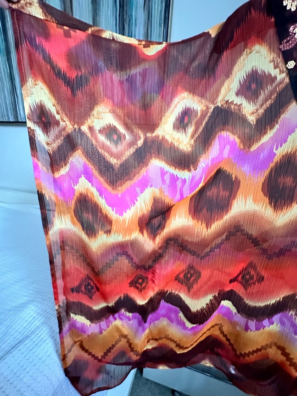 Debbie Shuchat Silk Blouse M/M | Sequin V-Neck Abstract Print Boho Top- Sheer - Picture 3 of 6